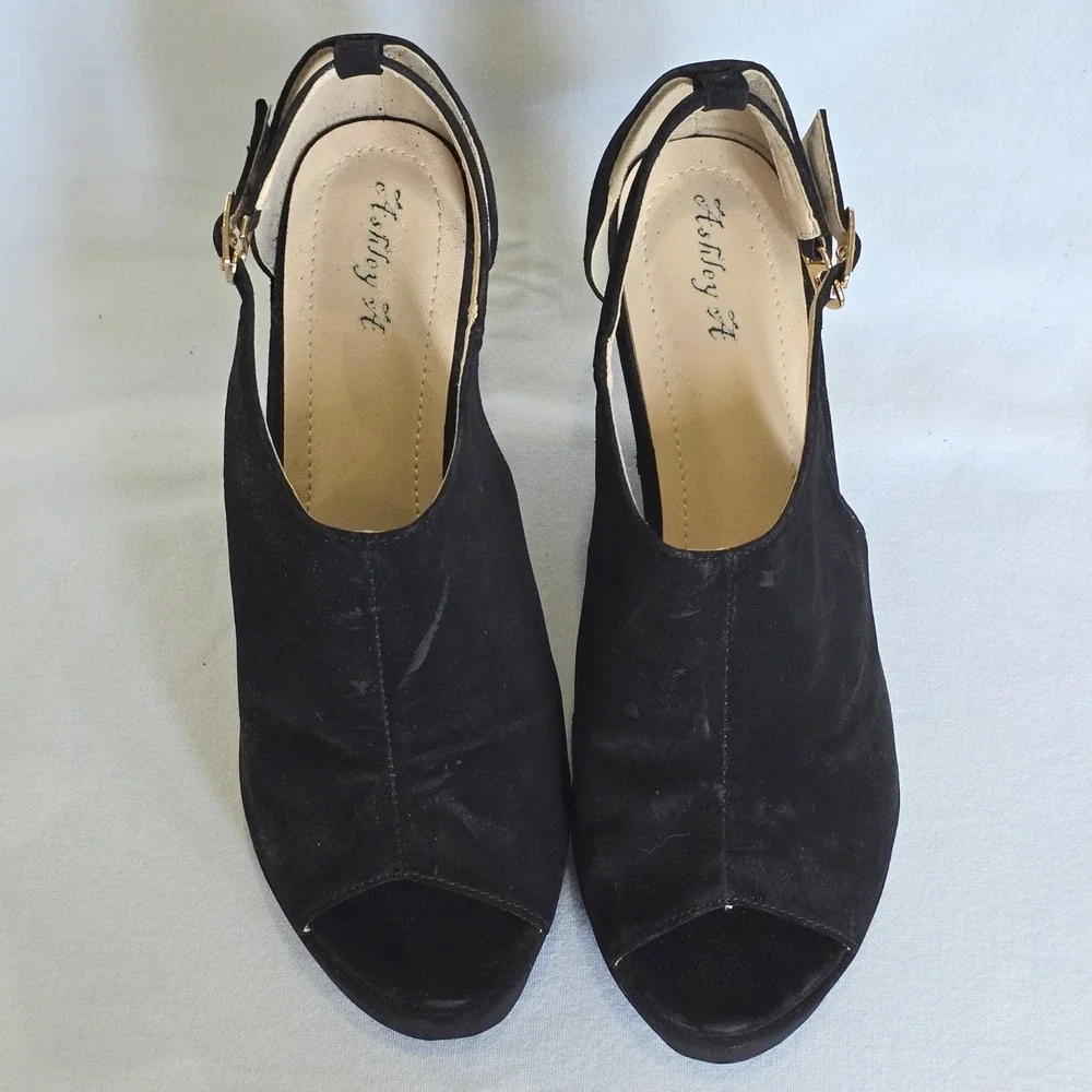 Ashley A Women Size 7 Wedge Sandals Black Faux Suede Platform Ankle Strap Heel